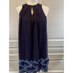 NWT Maeve Anthropologie Sleeveless Dress Blue Fringe Hem Sequins Size 0 XXS A15
